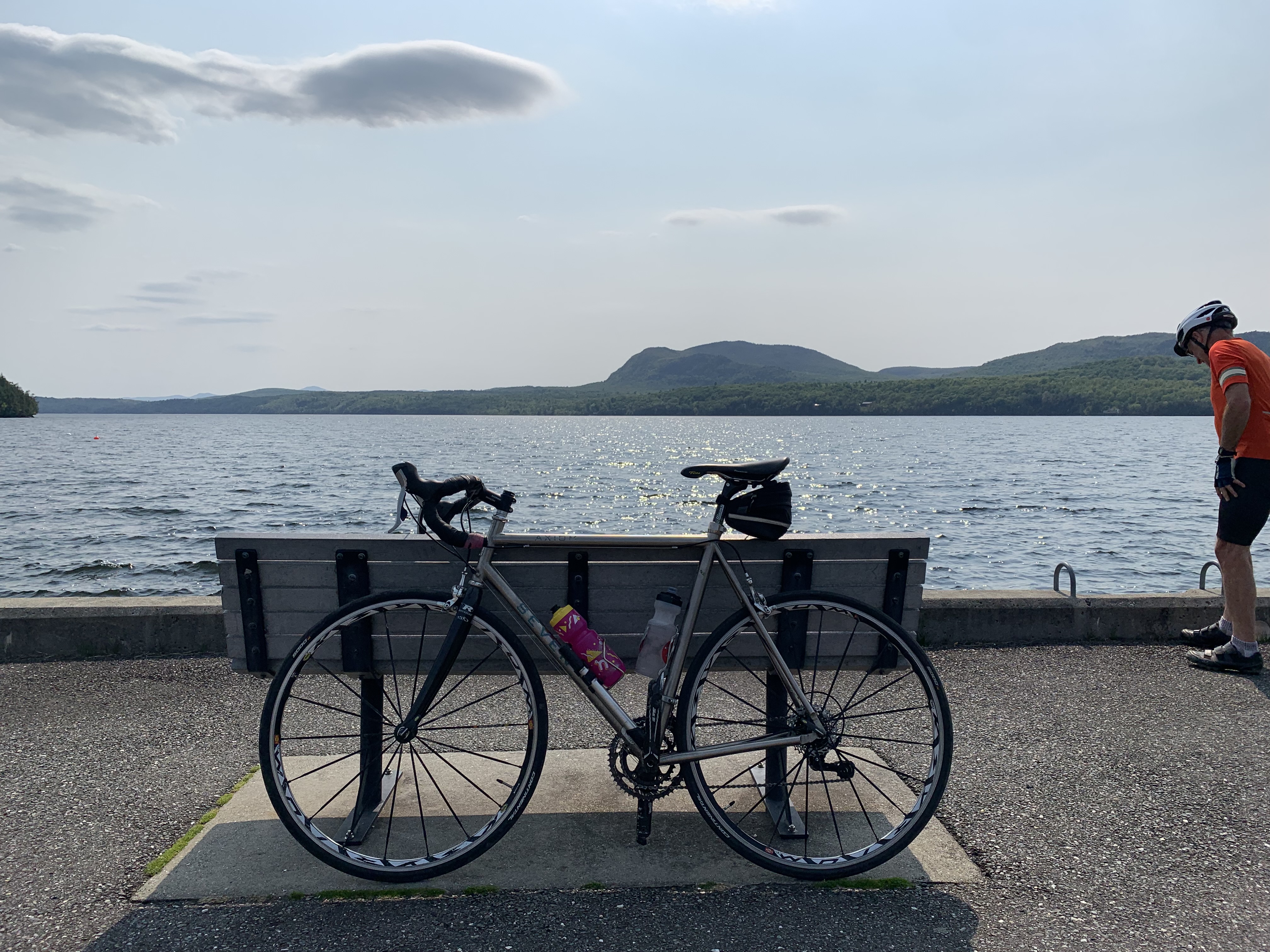 Bike in foregound with a lake in the background